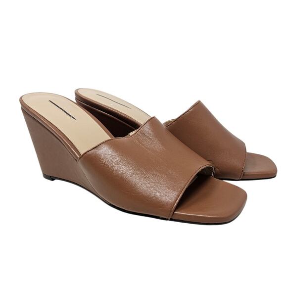 Ann Taylor 8 Brown Leather Slide Wedge Sandal Open Square Toe Minimalist - Picture 1 of 4